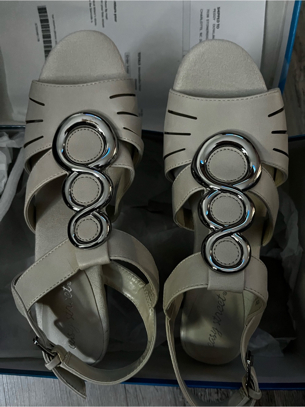 Women's Beige Dress Sandals with Silver Ring Accents Brand new in Box